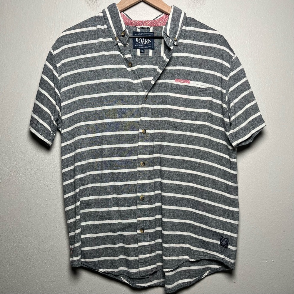 Roark Gray and White Striped Casual Button Down Shirt